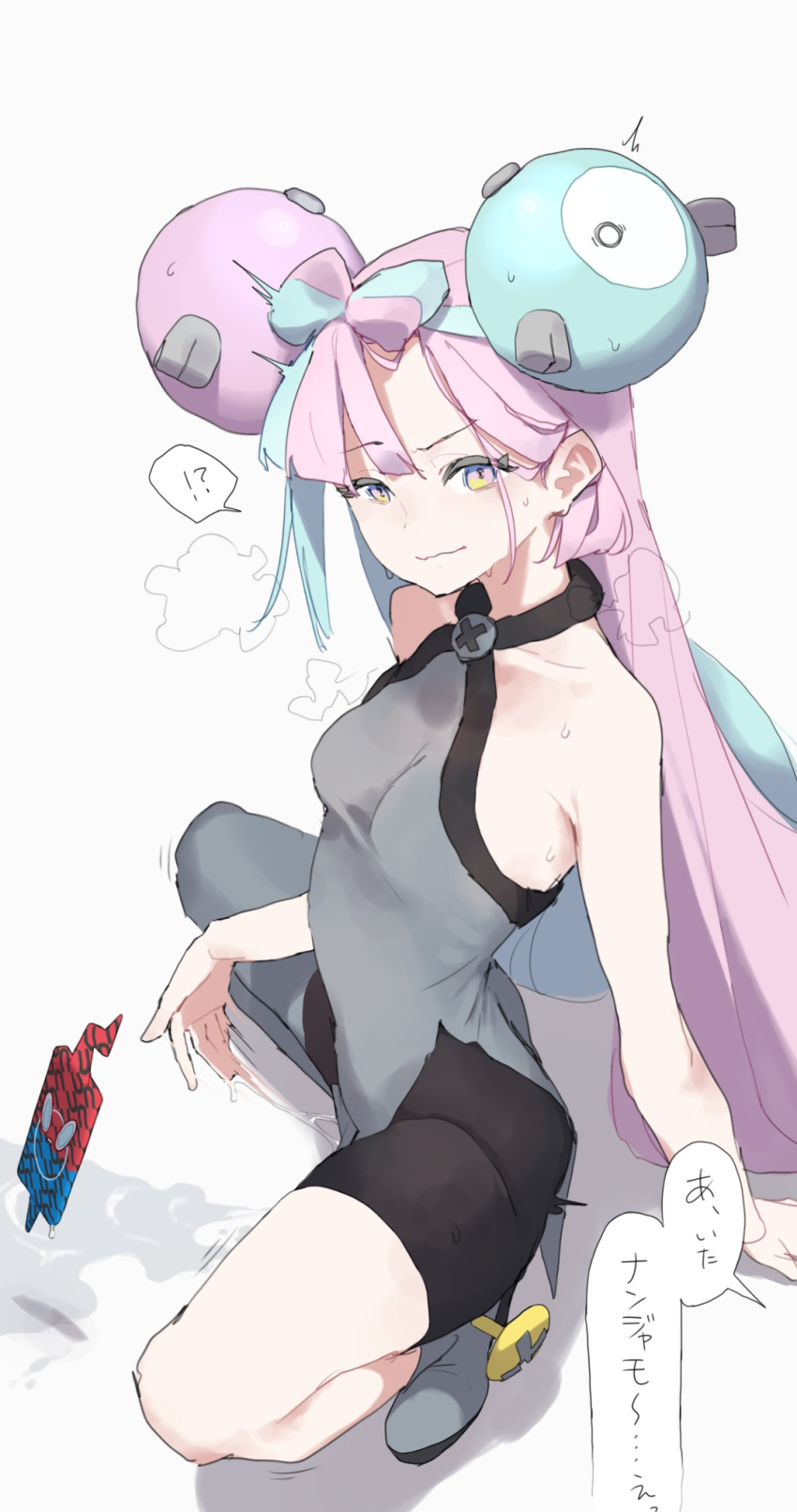 !? 1girl ^^^ bike_shorts blue_hair breasts clothing_request double_bun fingering fingering_through_clothes furrowed_brow hair_bun hand_on_ground highres implied_fingering iono_(pokemon) light_blue_hair long_hair makkurourufu multicolored_hair pink_hair pokemon pokemon_sv pussy_juice raised_eyebrow simple_background sitting sleeveless small_breasts solo_focus spasm speech_bubble spread_legs steaming_body through_clothes translation_request white_background