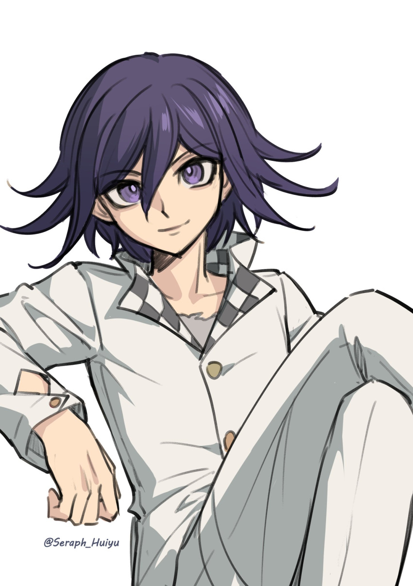 1boy alternate_costume artist_name bangs buttons collarbone danganronpa_(series) danganronpa_v3:_killing_harmony ewa_(seraphhuiyu) flipped_hair grey_jacket grey_pants highres jacket long_sleeves looking_at_viewer male_focus pants purple_eyes shiny_hair shirt simple_background sitting smile solo torn_clothes torn_shirt white_background