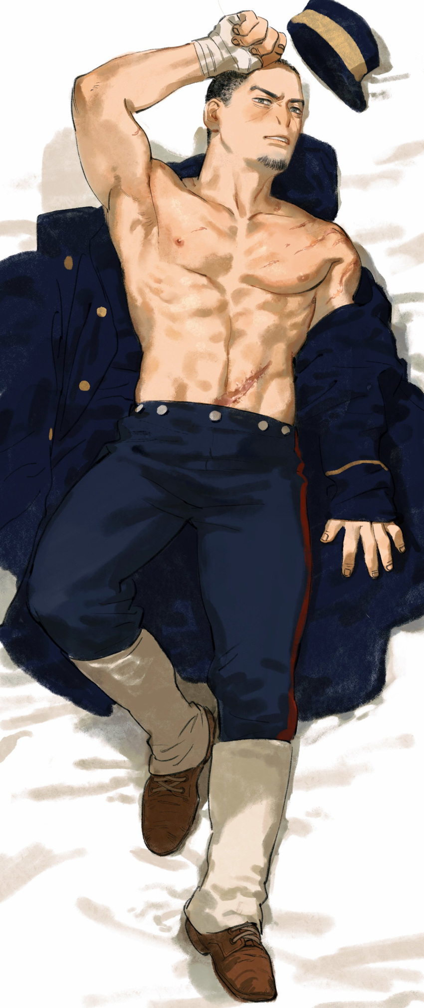 1boy absurdres arm_up bandaged_arm bandages bed_sheet black_hair blue_coat blue_pants brown_footwear buzz_cut chengongzi123 coat commentary dakimakura_(medium) facial_hair full_body goatee_stubble golden_kamuy grey_eyes hat highres jacket jacket_partially_removed knee_up long_sleeves looking_at_viewer lying male_focus military_hat military_uniform nipples on_back pants parted_lips scar scar_on_arm scar_on_cheek scar_on_face scar_on_shoulder scar_on_stomach short_hair stubble symbol-only_commentary toned toned_male topless_male tsukishima_hajime uniform very_short_hair white_background