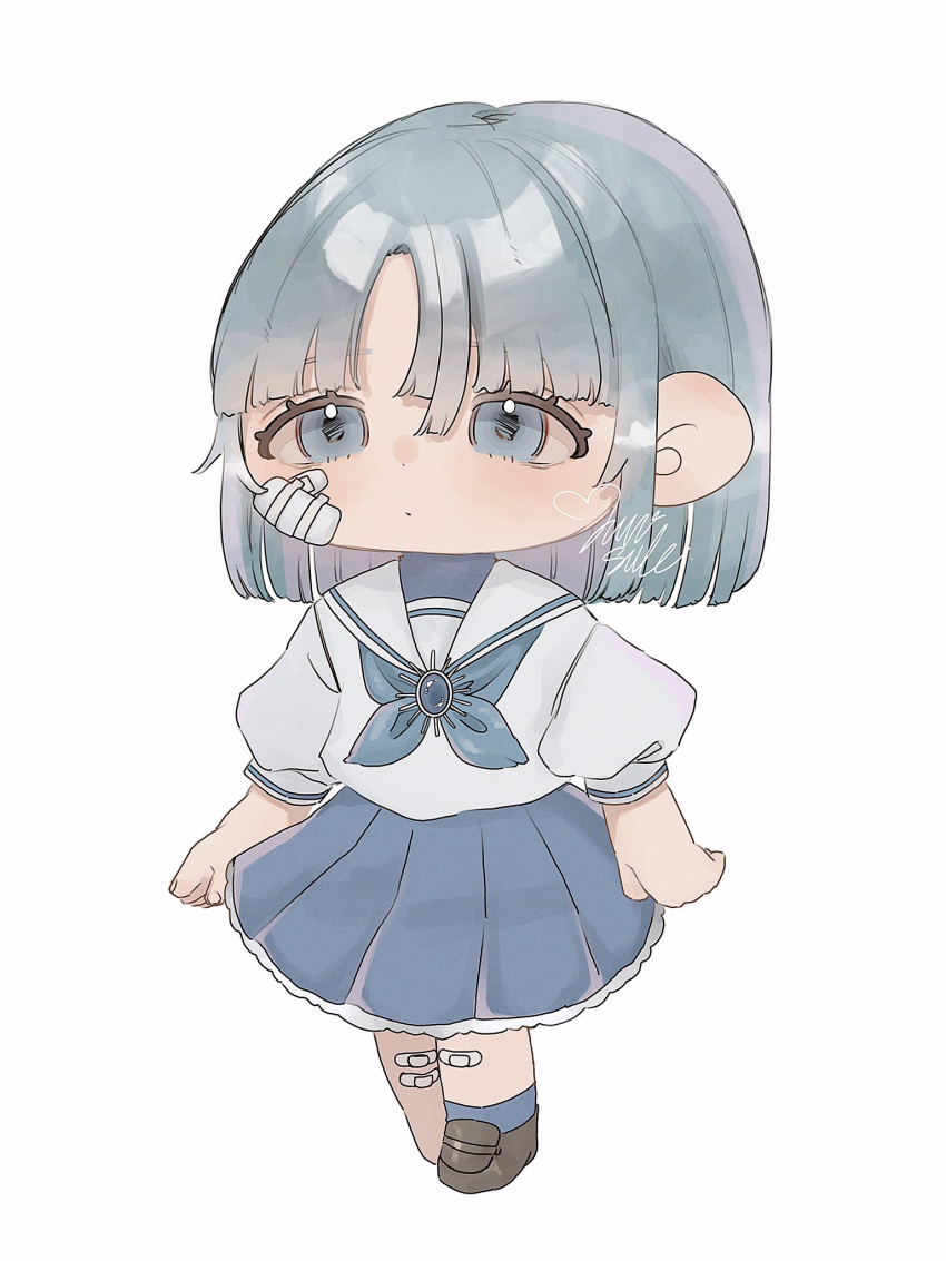 1girl ado_(utaite) akuru-chan_(ado) blue_brooch blue_eyes blue_hair blue_neckerchief blue_skirt blue_socks blush bob_cut brown_footwear chibi closed_mouth cloud_nine_inc commentary eien_no_akuru_hi full_body highres loafers neckerchief pleated_skirt puffy_short_sleeves puffy_sleeves sailor_collar school_uniform serafuku shirt shoes short_hair short_sleeves signature simple_background skirt socks solo white_background white_sailor_collar white_shirt yurosuke