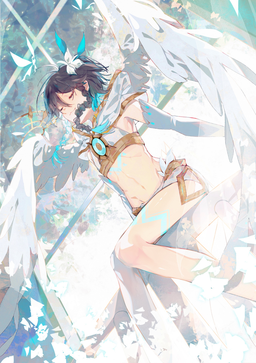1boy absurdres bare_shoulders black_hair blue_hair braid breasts bridal_gauntlets capelet chest_tattoo chinese_commentary closed_eyes closed_mouth commentary_request crop_top feathered_wings flower genshin_impact gradient_hair groin hair_between_eyes hair_flower hair_ornament highres hood hood_down hooded_capelet huge_breasts leg_tattoo m11_(csmz4223) male_focus midriff multicolored_hair navel official_alternate_costume shirt short_hair_with_long_locks short_shorts shorts side_braids sidelocks single_thighhigh sitting sleeveless sleeveless_shirt smile solo tattoo thighhighs twin_braids venti_(archon)_(genshin_impact) venti_(genshin_impact) white_capelet white_flower white_shirt white_shorts white_wings wings