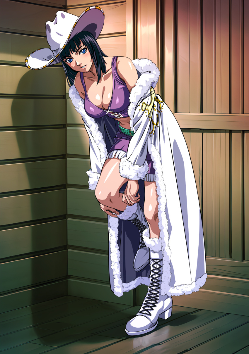 1girl adjusting_footwear black_hair blue_eyes boots breasts cleavage coat collarbone commentary_request commission cowboy_hat crop_top cross-laced_footwear full_body fur-trimmed_coat fur_trim hanadaka_moai hat highres knee_boots large_breasts long_coat looking_at_viewer medium_hair midriff nico_robin one_piece pixiv_commission purple_shorts shiny_skin shorts solo white_coat white_footwear wooden_floor wooden_wall