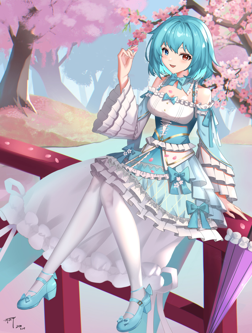 1girl absurdres alternate_costume blue_bow blue_bowtie blue_corset blue_eyes blue_hair blue_skirt blue_sleeves blush bow bowtie breasts cherry_blossoms cleavage corset detached_sleeves dress_bow footwear_bow frilled_skirt frilled_sleeves frills full_body heterochromia highres looking_at_viewer mary_janes medium_bangs medium_breasts on_railing open_mouth pantyhose purple_umbrella qinyuzhen railing red_eyes shoes short_hair sitting skirt smile solo tatara_kogasa touhou tree umbrella white_pantyhose wide_sleeves