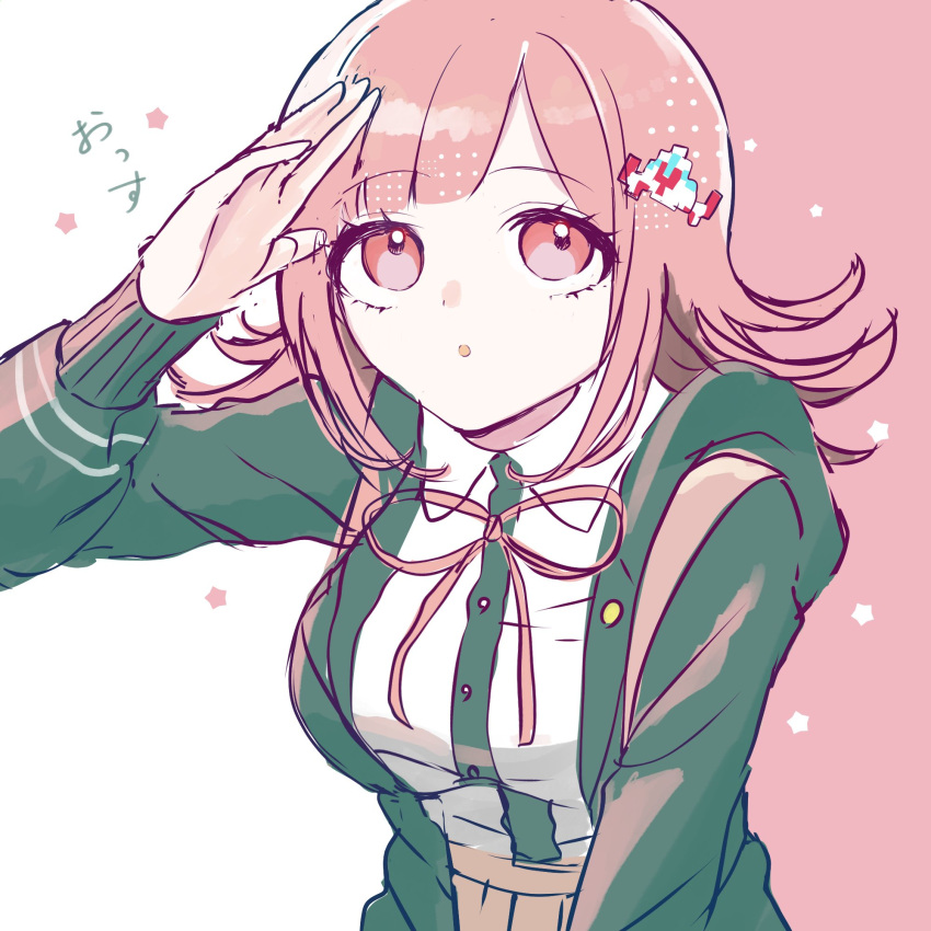 1girl :o breasts brown_hair brown_skirt danganronpa_(series) danganronpa_2:_goodbye_despair dress_shirt green_jacket green_shirt hand_up highres jacket large_breasts medium_hair mirin_ko nanami_chiaki open_clothes open_jacket pink_eyes shirt shirt_tucked_in skirt solo spaceship_hair_ornament star_(symbol) translation_request two-tone_shirt white_shirt