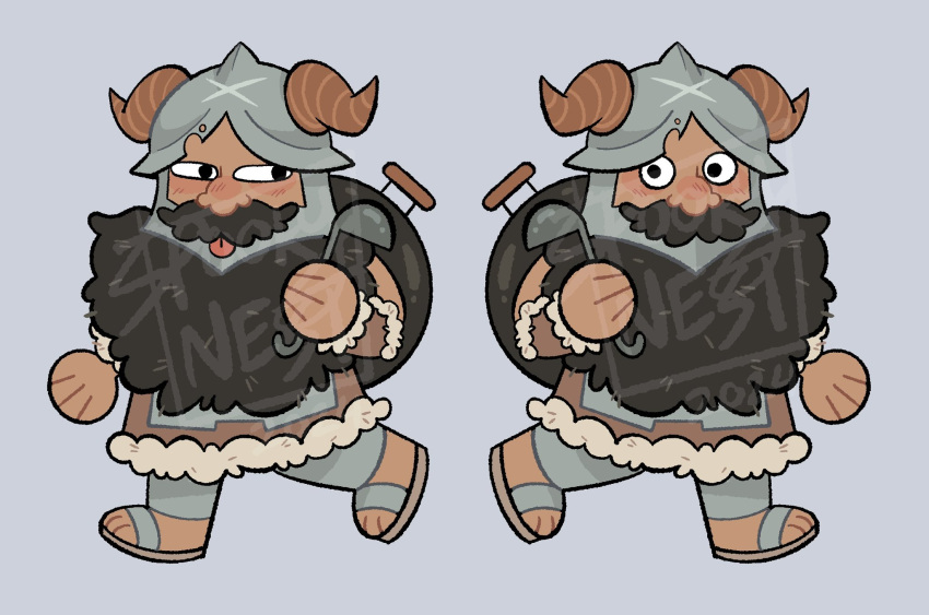 1boy :p beard brown_hair deformed dungeon_meshi dwarf facial_hair fake_horns full_body half-closed_eyes helmet highres horned_helmet horns long_beard looking_to_the_side male_focus merchandise_available senshi_(dungeon_meshi) spookynest thick_mustache tongue tongue_out very_long_beard walking watermark