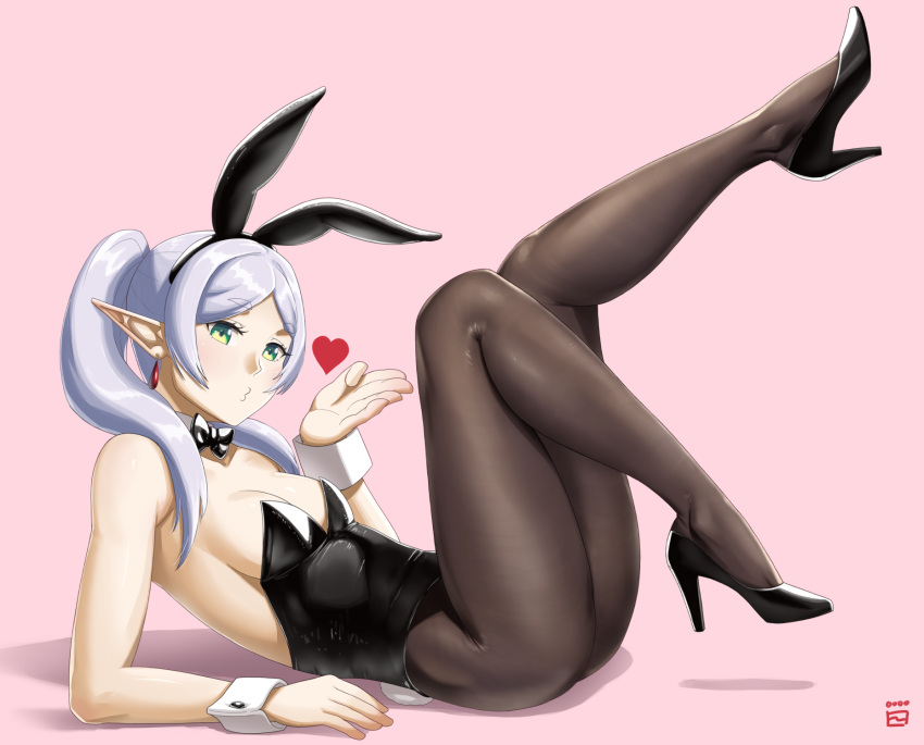 1girl animal_ears black_bow black_bowtie black_footwear black_hairband black_leotard black_pantyhose blowing_kiss bow bowtie breasts detached_collar elf fake_animal_ears fake_tail finalcake frieren frieren_blowing_a_kiss_(meme) green_eyes grey_hair hairband heart high_heels highleg highleg_leotard highres leotard long_hair lying mage_staff medium_breasts meme o3o on_back pantyhose parted_bangs playboy_bunny pointy_ears puckered_lips rabbit_ears rabbit_tail solo sousou_no_frieren strapless strapless_leotard tail traditional_bowtie twintails wrist_cuffs