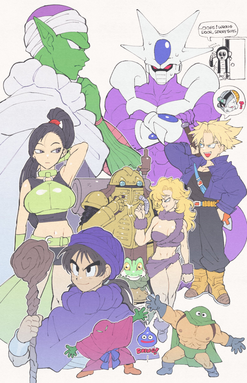 2girls 6+boys ? absurdres ayla_(chrono_trigger) black_hair blonde_hair boots breasts chrono_trigger closed_mouth colored_skin cooler_(dragon_ball) crossed_arms crossover dragon_ball dragon_ball_z dragon_quest dragon_quest_v dragon_quest_viii english_commentary english_text fifth_form_(dragon_ball) frieza frog_(chrono_trigger) green_skin hand_on_own_hip hero_(dq5) highres holding holding_staff inkerton-kun jacket large_breasts long_hair martina_(dq11) multiple_boys multiple_girls namekian open_mouth pants pectorals piccolo pointy_ears robo_(chrono_trigger) robot slime_(dragon_quest) spiked_hair staff super_saiyan sweat toriyama_akira_(character) trunks_(dragon_ball) trunks_(future)_(dragon_ball) turban