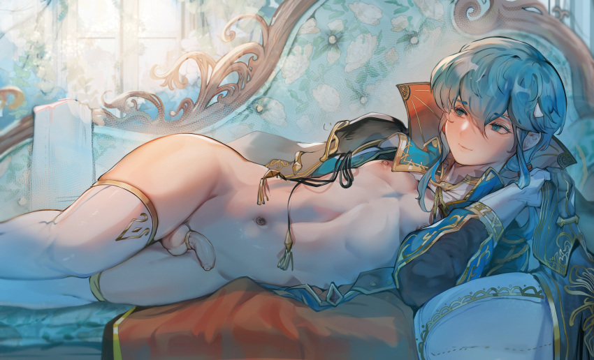 1boy absurdres arm_behind_back blue_eyes blue_hair blush byefrog chinese_commentary cock_ring couch erection fire_emblem fire_emblem:_genealogy_of_the_holy_war from_side gloves hair_between_eyes highres long_hair looking_to_the_side male_focus navel nude on_couch open_clothes otoko_no_ko penis puffy_nipples seliph_(fire_emblem) sex_toy shiny_skin skindentation smile solo testicles thighhighs thighs white_gloves white_thighhighs