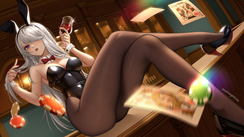1girl absurdres animal_ears bare_shoulders black_footwear black_leotard bow bowtie card collar commission cup drinking_glass fake_animal_ears grey_hair hair_over_one_eye high_heels highres holding holding_cup king_(playing_card) king_of_hearts_(playing_card) leotard long_hair miraymoon open_mouth original pantyhose playboy_bunny playing_card poker_chip purple_eyes rabbit_ears red_bow red_bowtie red_nails red_wine sitting solo strapless strapless_leotard teeth twitter_username upper_teeth_only white_collar white_wrist_cuffs wine_glass wrist_cuffs