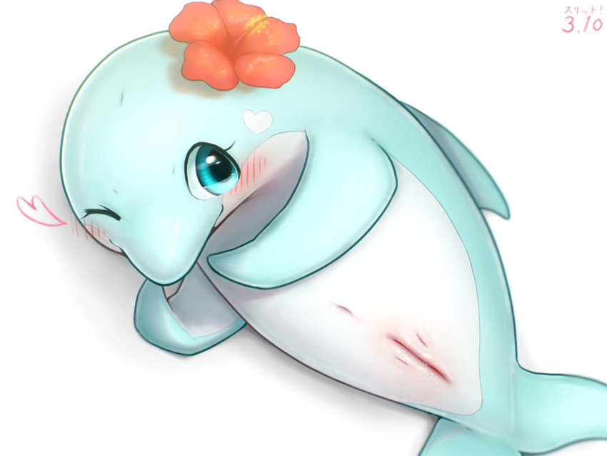 animal_genitalia animal_pussy blowhole blue_body blue_eyes blush bodily_fluids cetacean cetacean_genitalia cetacean_pussy chibi depth_of_field dolphin female feral flower_accessory genital_fluids genitals heart_(marking) heart_symbol hi_res k-dra61 mammal mammary_slits marine multicolored_body navel one_eye_closed pussy simple_background smile solo toothed_whale two_tone_body vaginal_fluids white_background white_body wink