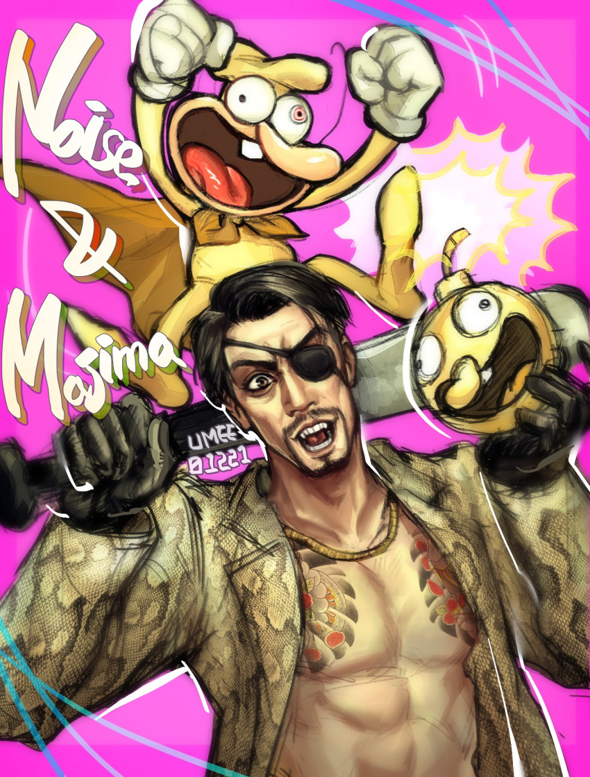 2boys black_gloves black_hair bomb brown_eyes brown_vest cape character_name chest_tattoo commentary_request crazy_eyes crossover explosive eyepatch facial_hair gloves goatee highres looking_at_viewer majima_goro male_focus multiple_boys open_mouth pectorals pink_background pizza_tower ryuu_ga_gotoku_(series) short_hair single_tooth tattoo the_noise umee01221 vest white_gloves yakuza yellow_headwear