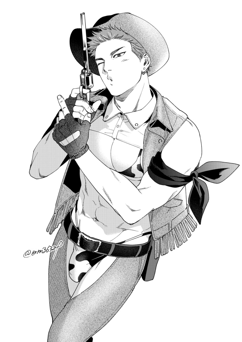 1boy armband bara belt bulge cowboy cowboy_hat fingerless_gloves gloves greyscale gun hat highres holding holding_gun holding_weapon large_pectorals male_focus monochrome muscular muscular_male om3632f one_eye_closed open_clothes open_vest pectorals sakuragi_hanamichi short_hair slam_dunk_(series) solo twitter_username vest weapon