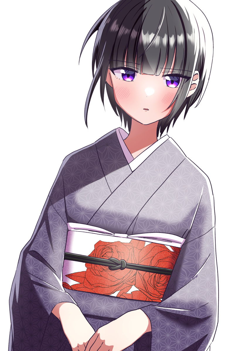 1girl :o black_hair blush floral_print grey_kimono highres idolmaster idolmaster_cinderella_girls japanese_clothes kimono looking_at_viewer mitsuba_tsuyu obi patterned_clothing purple_eyes sash shirayuki_chiyo short_hair simple_background solo white_background