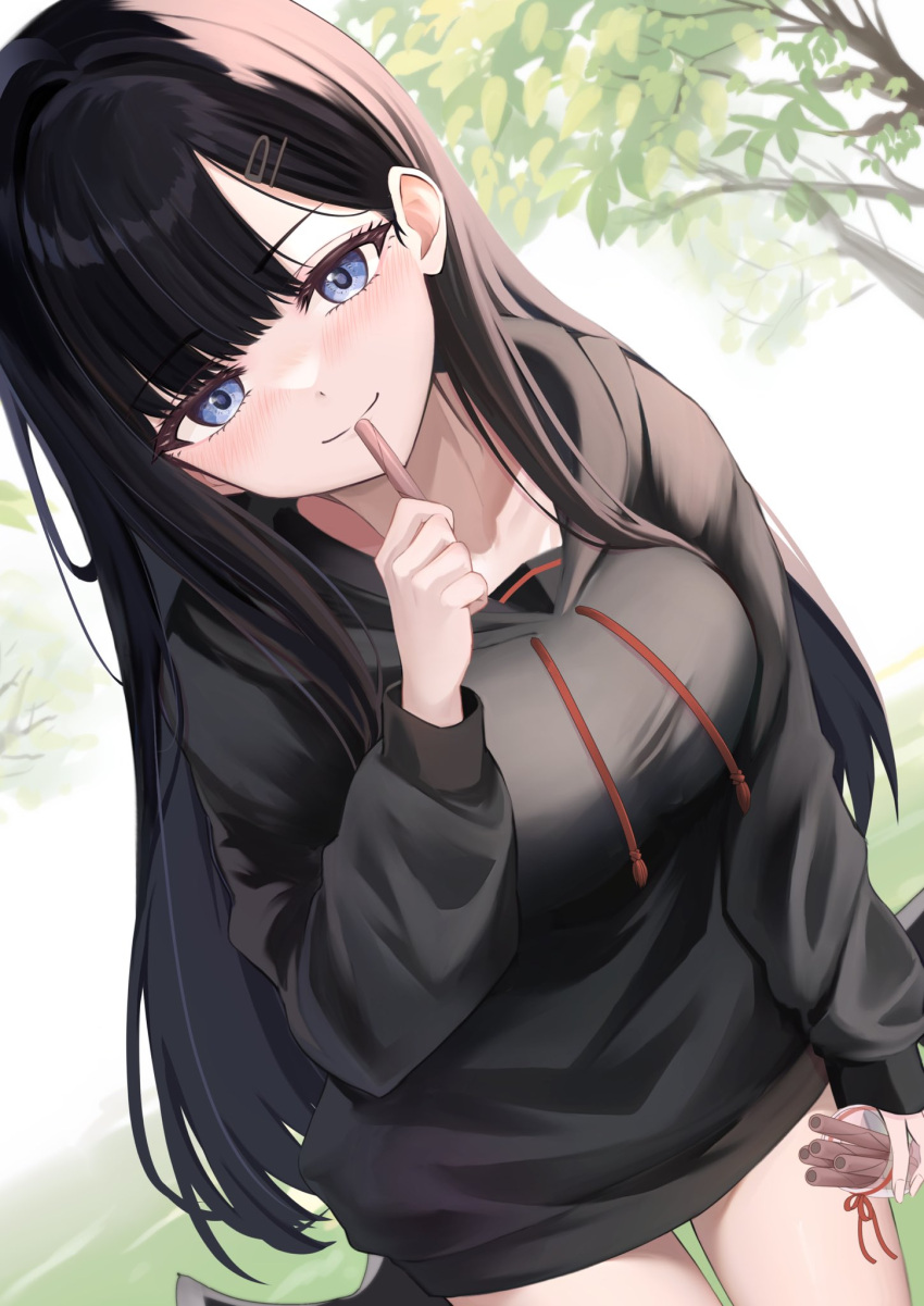1girl bangs_pinned_back black_hair black_hoodie blue_archive blue_eyes blush breasts cinnamon_stick closed_mouth cowboy_shot day dot_nose drawstring dutch_angle food grass hair_ornament hairpin hand_up highres holding holding_food hood hood_down hoodie ichika_(blue_archive) large_breasts legs_together long_hair long_sleeves looking_at_viewer no_pants outdoors parted_bangs ryouta_(ryouta335) smile solo straight_hair thigh_gap thighs tree