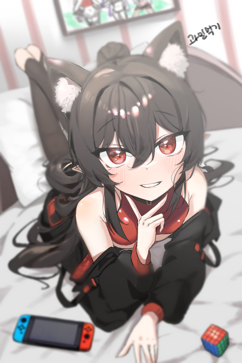 1girl absurdres animal_ear_fluff animal_ears artist_request bare_shoulders bed black_choker black_hair black_jacket black_thighhighs blurry choker commission depth_of_field grin highres jacket legs_up long_hair looking_at_viewer lying nintendo_switch off_shoulder on_bed on_stomach original podo_(hrodvitnir) pointy_ears ponytail red_eyes red_shirt rubik's_cube second-party_source shirt sleeveless sleeveless_shirt smile solo thighhighs toeless_legwear very_long_hair wolf_ears