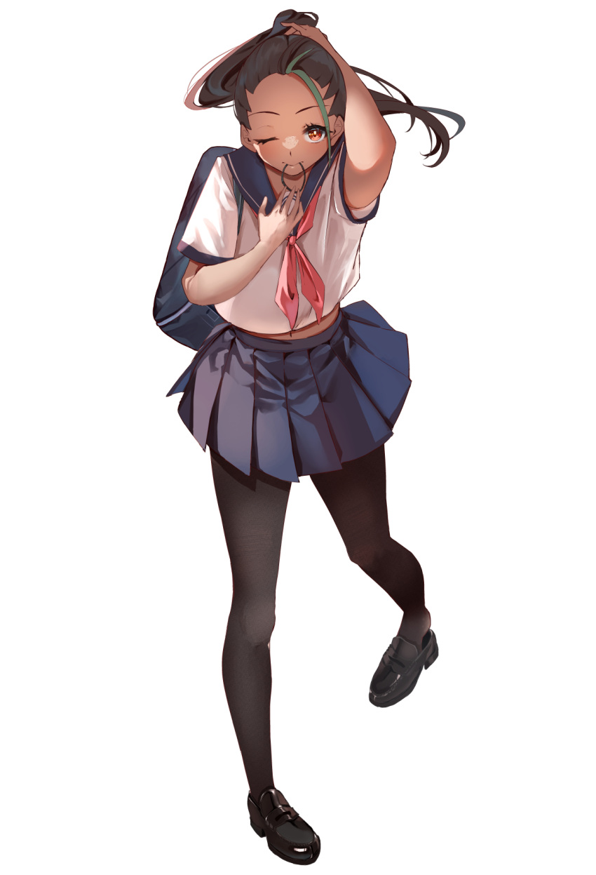 1girl alternate_costume bag black_footwear black_hair black_pantyhose blue_sailor_collar blue_skirt brown_eyes dark-skinned_female dark_skin freckles full_body green_hair hair_tie_in_mouth highres loafers long_hair looking_at_viewer midriff_peek momdy_(talesshinja) mouth_hold multicolored_hair neckerchief necktie nemona_(pokemon) one_eye_closed orange_neckerchief pantyhose pleated_skirt pokemon pokemon_sv ponytail sailor_collar school_bag school_uniform serafuku shirt shoes short_sleeves skirt smile streaked_hair tying_hair walking white_background white_shirt