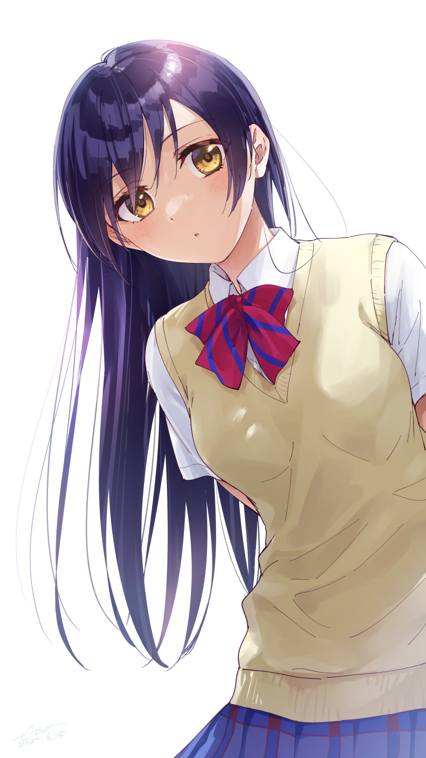 1girl absurdres birthday blue_hair blush breasts commentary highres long_hair looking_at_viewer love_live! love_live!_school_idol_project short_sleeves small_breasts sonoda_umi upper_body wedo white_background yellow_eyes