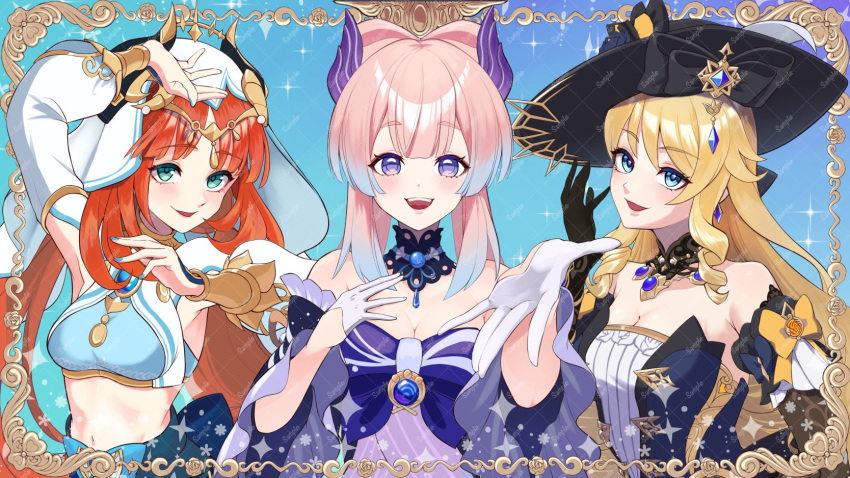 3girls :d aqua_eyes arm_up armpit_cutout bare_shoulders black_headwear blonde_hair blue_bow blue_hair bow breasts brooch clothing_cutout commentary_request crop_top dress drill_hair drill_sidelocks fake_horns genshin_impact gloves gradient_hair highres horns jewelry long_hair looking_at_viewer midriff multicolored_hair multiple_girls navel navia_(genshin_impact) nilou_(genshin_impact) off-shoulder_dress off_shoulder open_mouth pink_hair purple_eyes red_hair sangonomiya_kokomi sidelocks small_breasts smile stomach upper_body veil very_long_hair wagashi425 white_gloves