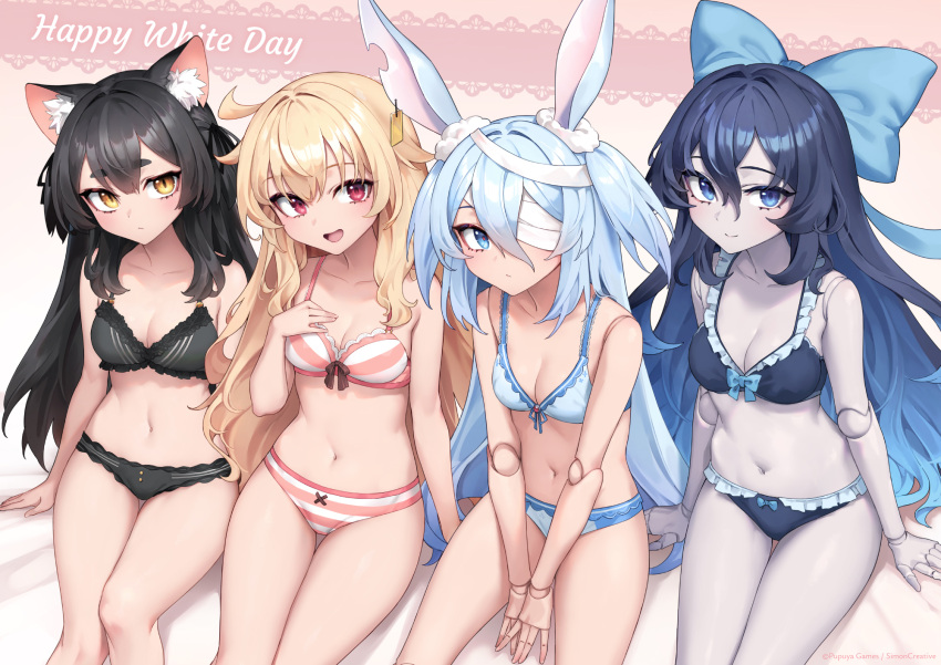 4girls ahoge animal_ear_fluff animal_ears artist_request bandage_over_one_eye bandaged_head bandages bikini black_bikini black_hair blonde_hair blue_bikini blue_eyes blue_hair bow bow_bikini breasts brown_eyes cat_ears cat_girl cleavage doll_joints ear_tag expressionless hair_bow hand_on_own_chest highres joints little_witch_nobeta long_hair monica_(little_witch_nobeta) multiple_girls navel nobeta official_art open_mouth pale_skin phyllis_(little_witch_nobeta) rabbit_ears rabbit_girl red_eyes ribbon sitting slit_pupils small_breasts smile striped_bikini striped_clothes swimsuit tania_(little_witch_nobeta) thigh_gap thighs two_side_up very_long_hair white_day