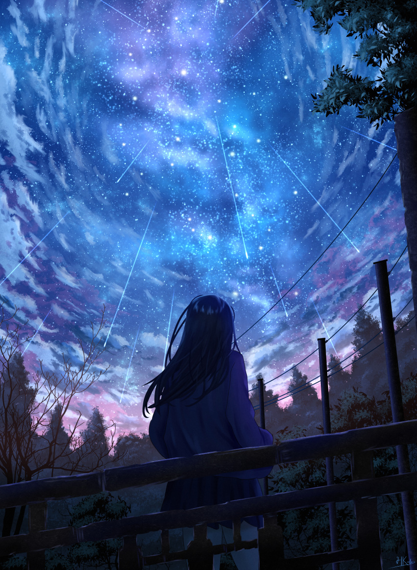 1girl absurdres against_railing black_hair blue_jacket blue_skirt cloud cloudy_sky evening facing_up feet_out_of_frame forest from_behind hands_in_pockets highres hkcutie jacket landscape legs_apart long_hair miniskirt nature night night_sky original outdoors pleated_skirt railing scenery shooting_star signature skirt sky solo star_(sky) starry_sky straight_hair tree wide_shot