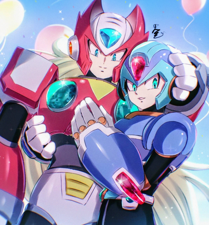 2boys android armor balloon blonde_hair blue_armor blue_eyes blue_headwear cang_she chest_jewel commentary_request forehead_jewel headpat highres long_hair looking_at_viewer looking_down mega_man_(series) mega_man_x:_command_mission mega_man_x_(series) multiple_boys new_armor_x_(mega_man) red_armor red_headwear shoulder_armor torso_grab upper_body x_(mega_man) yaoi zero_(mega_man)