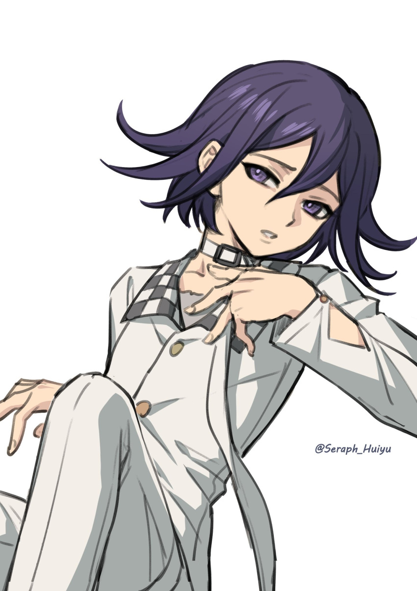 1boy alternate_costume artist_name bangs buttons collarbone danganronpa_(series) danganronpa_v3:_killing_harmony ewa_(seraphhuiyu) flipped_hair grey_choker grey_jacket hand_up highres jacket knee_up looking_at_viewer medium_hair ouma_kokichi parted_lips purple_eyes purple_hair shiny_hair simple_background solo teeth white_background