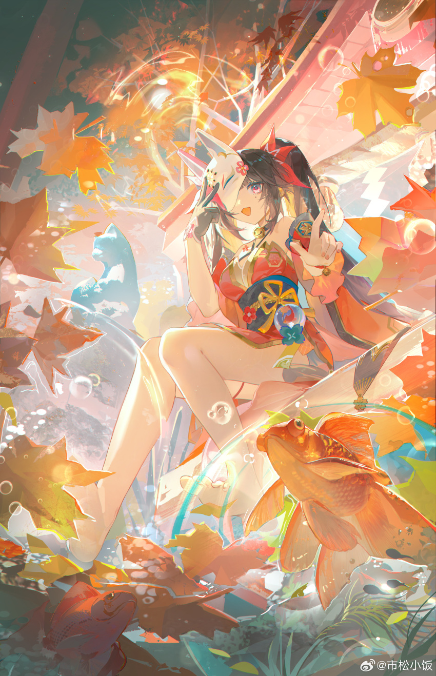 1girl :d absurdres autumn_leaves baofandxy bare_shoulders barefoot bell black_choker black_gloves brown_hair bubble choker commentary_request criss-cross_halter dress fish flower_tattoo fox_mask full_body gloves halterneck highres holding holding_mask honkai:_star_rail honkai_(series) leaf long_hair looking_at_viewer maple_leaf mask neck_bell obi one_eye_covered open_mouth pink_eyes red_dress sash single_glove sitting sleeveless sleeveless_dress smile solo sparkle_(honkai:_star_rail) tattoo twintails very_long_hair water