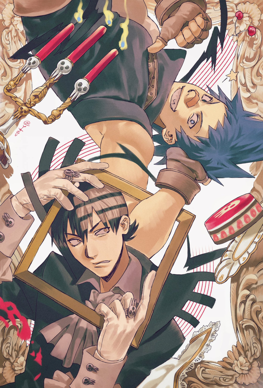 2boys ann_yasu_d ascot bandaid bandaid_on_face bandaid_on_nose black_hair black_star blue_eyes blue_hair brown_gloves candelabra candlestand collared_shirt death_the_kid fingerless_gloves gloves grin highres jewelry looking_at_another looking_at_viewer male_focus multicolored_hair multiple_boys multiple_rings muscular muscular_male pale_skin picture_frame ring scowl sharp_teeth shirt smile soul_eater spiked_hair star_(symbol) teeth thumbs_down twitter_username two-tone_hair upper_body upside-down white_ascot white_gloves white_hair yellow_eyes