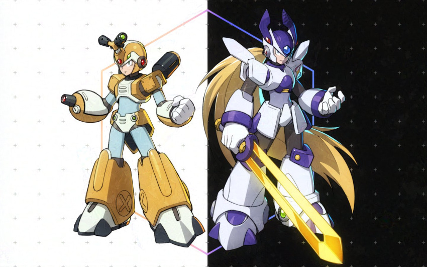 2boys arm_cannon armor black_background blonde_hair boots cosplay degarashi_(ponkotsu) forehead_jewel helmet holding holding_sword holding_weapon horns long_hair male_focus medarot mega_man_(series) mega_man_x_(series) metabee metabee_(cosplay) multiple_boys ponytail rokusho_(medarot) rokusho_(medarot)_(cosplay) shoulder_armor single_horn sword symmetry weapon white_armor white_background white_footwear white_headwear x_(mega_man) yellow_armor yellow_footwear yellow_headwear