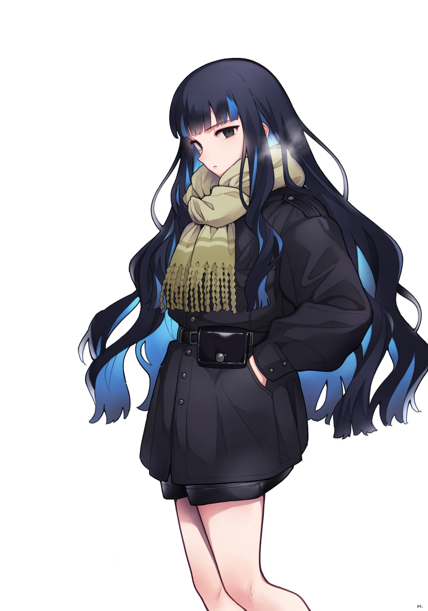 1girl absurdres belt black_hair black_jacket black_shorts blue_hair breasts colored_inner_hair fate/grand_order fate_(series) green_scarf grey_eyes highres jacket long_hair long_sleeves looking_at_viewer mitsurugi_sugar multicolored_hair pouch scarf shorts sidelocks solo tenochtitlan_(fate) thighs white_background