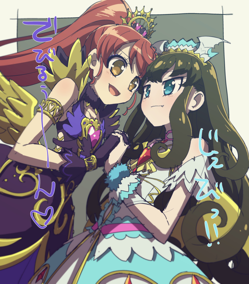 2girls :d armlet bare_shoulders black_dress black_gloves blue_eyes brown_eyes brown_hair cowboy_shot dress edamame_(buruburu) fang gloves hair_ornament highres holding_hands idol_clothes kurosu_aroma long_hair looking_at_another multiple_girls open_mouth ponytail pretty_series pripara red_hair shiratama_mikan sleeveless sleeveless_dress smile standing white_dress wings wrist_cuffs