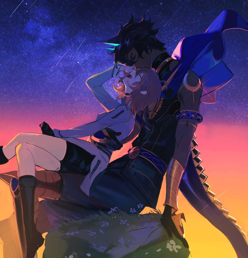 1boy 1girl arjuna_(fate) arjuna_alter_(fate) arm_around_waist black_eyes black_hair black_shorts blue_capelet boots capelet closed_eyes crossed_legs dark-skinned_male dark_skin fate/grand_order fate_(series) from_side fujimaru_ritsuka_(female) full_body gloves gradient_background hair_between_eyes hetero highres horns knee_boots looking_at_another neruchiru_08 night night_sky open_mouth orange_hair profile shooting_star short_hair shorts sitting sitting_on_lap sitting_on_person sky smile star_(sky) starry_sky tail