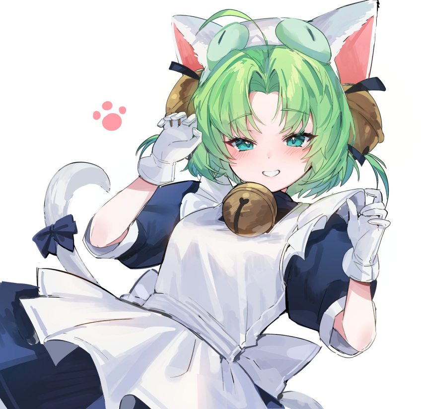 1girl animal_ears apron bell black_dress blush cat_ears cat_girl cat_tail dejiko di_gi_charat dress forehead gloves green_eyes green_hair hair_intakes highres jingle_bell looking_at_viewer maid_apron mendou_kusai paw_pose short_sleeves simple_background smile solo tail teeth white_background white_gloves