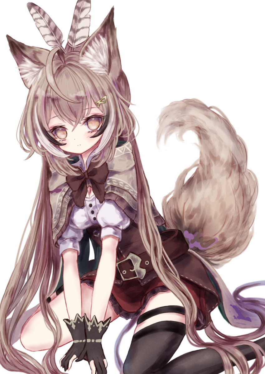 1girl absurdres animal_ears bangs black_gloves black_thighhighs bow brown_eyes brown_hair feather_hair_ornament feathers fox_ears fox_girl fox_tail gloves hair_ornament highres hololive hololive_english long_hair looking_at_viewer megts0331 nanashi_mumei partially_fingerless_gloves short_sleeves single_thighhigh sitting solo tail thighhighs virtual_youtuber white_background