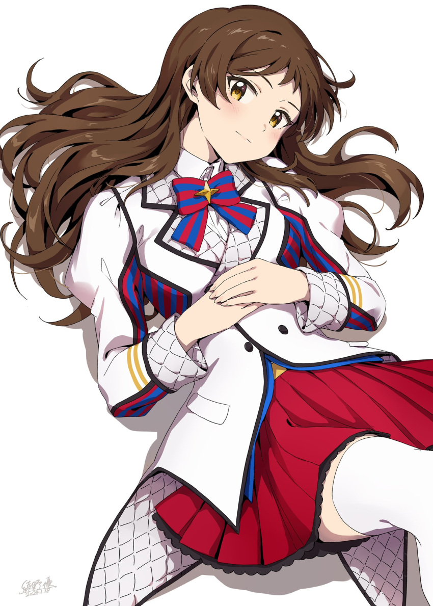 1girl ayano_yuu_(sonma_1426) blue_bow blue_bowtie blush bow bowtie brown_hair buttons closed_mouth collared_shirt feet_out_of_frame frilled_skirt frills hair_spread_out head_tilt highres idolmaster idolmaster_million_live! jacket kitazawa_shiho knee_up layered_clothes long_hair long_sleeves looking_at_viewer lying miniskirt on_back own_hands_together parted_bangs pleated_skirt quilted_jacket red_bow red_bowtie red_skirt shirt sidelocks signature simple_background skirt smile solo striped_bow striped_bowtie striped_clothes thighhighs white_background white_jacket white_shirt white_thighhighs yellow_eyes zettai_ryouiki