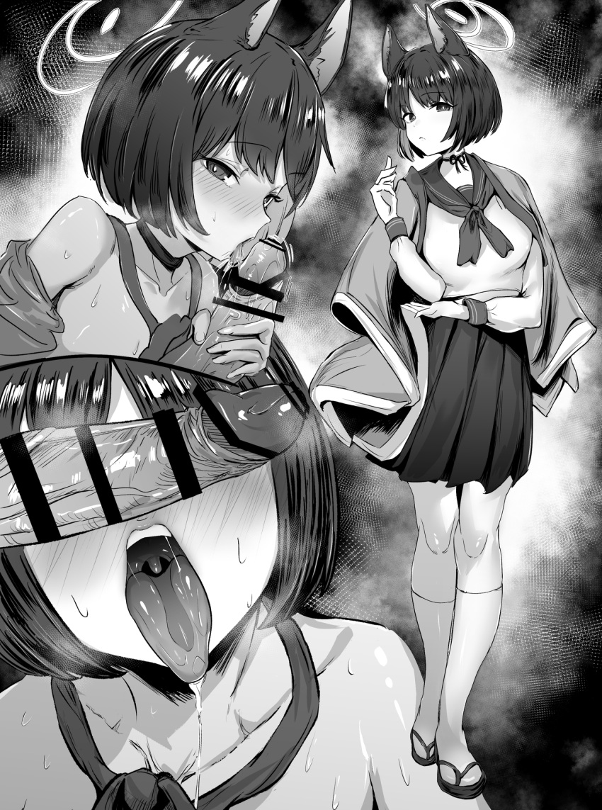 1boy 1girl animal_ears bar_censor blue_archive blush cat_ears censored choker commentary_request drooling erection fellatio full_body greyscale halo haori hetero highres japanese_clothes kikyou_(blue_archive) kimono_on_shoulders large_penis licking licking_penis long_sleeves looking_at_viewer metsu_end monochrome multiple_views open_clothes open_mouth oral penis penis_grab penis_on_face penis_over_eyes pleated_skirt ribbon_choker saliva school_uniform short_hair skirt solo_focus sweat tongue tongue_out