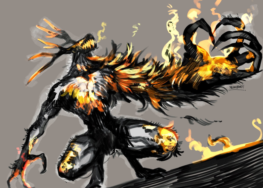 1boy bangs bloodborne breathing_fire fire furry furry_male glowing glowing_eyes grey_background highres laurence_the_first_vicar monster open_mouth sharp_teeth solo squatting teeth yourfreakyneighbourh