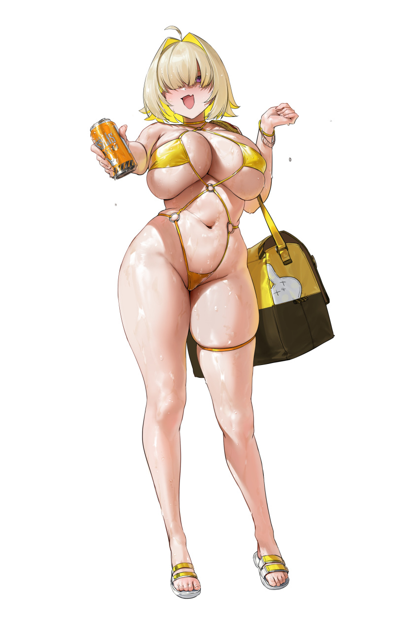 1girl absurdres alternate_costume bag bikini blonde_hair blush breasts can chochomi colored_inner_hair elegg_(nikke) full_body goddess_of_victory:_nikke hair_intakes highres holding holding_can looking_at_viewer multicolored_hair navel one-piece_swimsuit open_mouth purple_eyes short_hair simple_background slingshot_swimsuit smile solo standing stomach string_bikini swimsuit thick_thighs thigh_strap thighs toes underboob wet white_background yellow_bag yellow_bikini yellow_one-piece_swimsuit