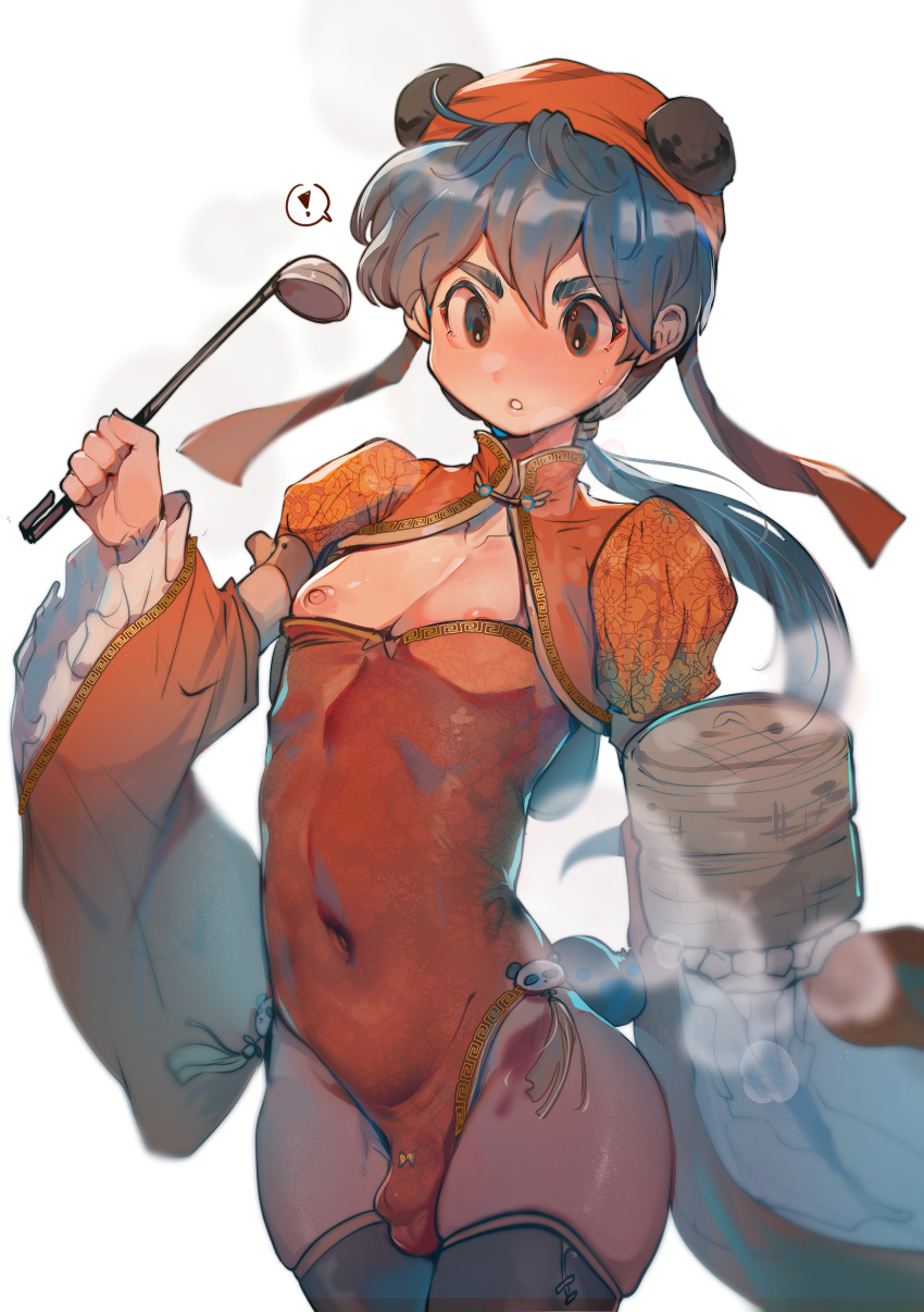 ! 1boy absurdres animal_hat bamboo_steamer black_thighhighs blue_hair blush bulge byefrog chinese_clothes covered_navel crossdressing detached_sleeves frilled_sleeves frills hand_up hat highres holding holding_ladle ladle leotard long_hair low_ponytail male_focus nipple_slip nipples otoko_no_ko pectoral_cleavage pectorals puffy_nipples red_leotard shiny_skin skindentation solo standing thighhighs thighs white_background wide_sleeves