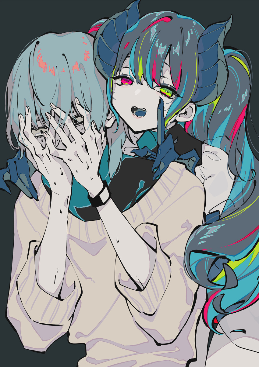 1boy 1girl aqua_hair beatmania_iidx bemani blue_hair claws constricted_pupils demon_girl demon_horns fangs futoumeido green_eyes hands_on_another's_shoulders hands_on_own_face highres horns long_hair looking_at_viewer mismatched_pupils multicolored_hair open_mouth pink_eyes simple_background smile streaked_hair sweat sweater watch white_sweater wristwatch