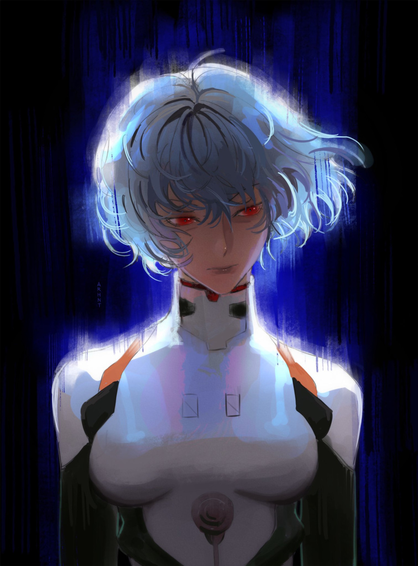 1girl arhnt arms_at_sides aura ayanami_rei black_background blue_hair bodysuit breasts closed_mouth english_commentary floating_hair highres looking_to_the_side neon_genesis_evangelion pilot_suit plugsuit red_eyes short_hair solo upper_body white_bodysuit