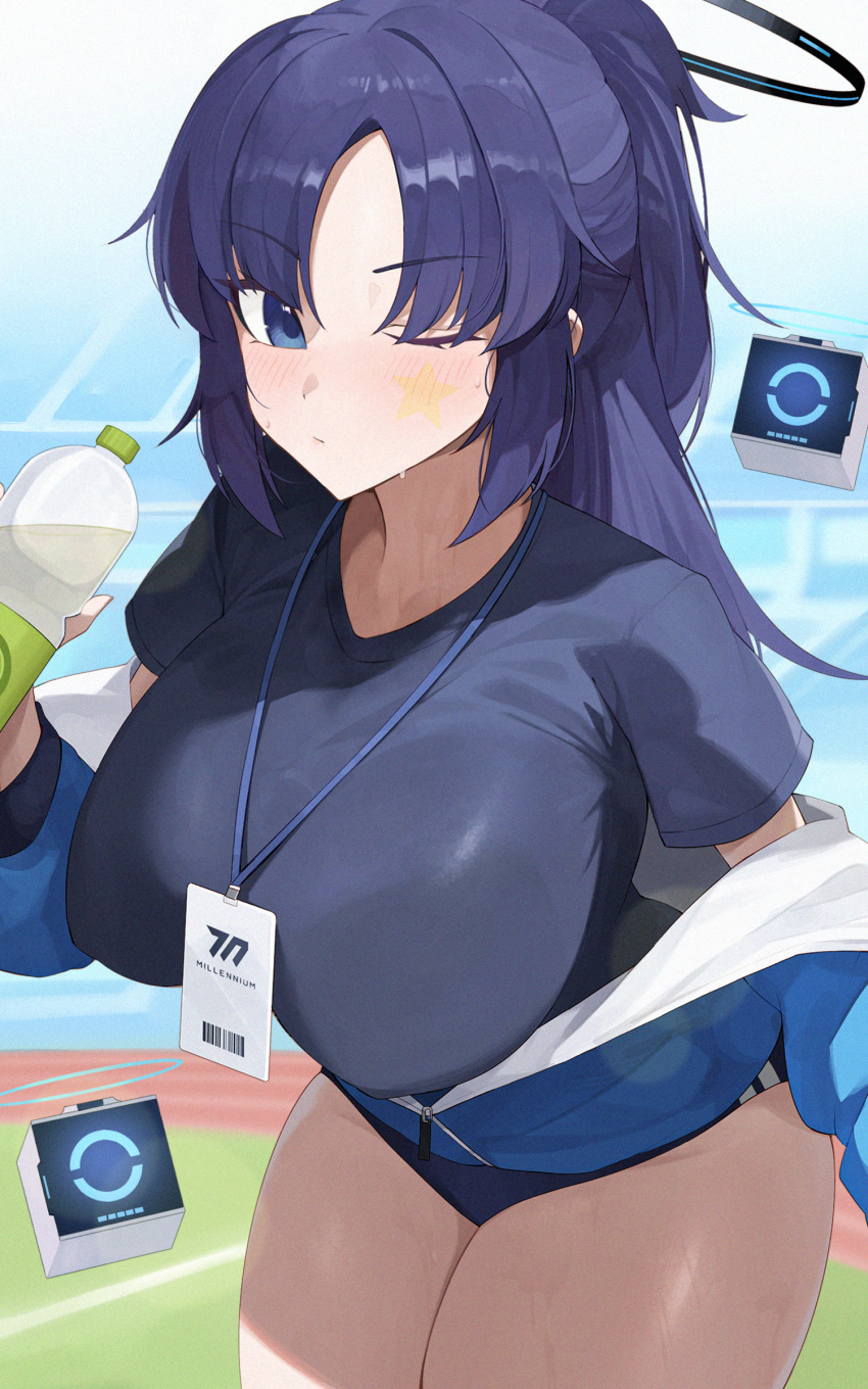 1girl ;| absurdres black_shirt blue_archive blue_buruma bottle breasts buruma commentary drone facepaint half_updo halo highres holding holding_bottle huge_breasts jacket jacket_partially_removed lanyard long_hair looking_at_viewer official_alternate_costume outdoors partially_unzipped purple_hair shirt solo stadium star_(symbol) sweat thick_thighs thighs track_jacket very_long_hair water_bottle weimiaw yuuka_(blue_archive) yuuka_(track)_(blue_archive)