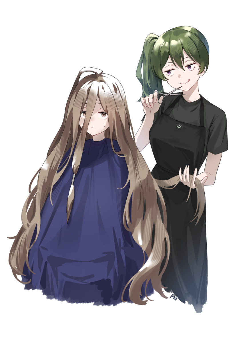 2girls :q ahoge apron barber_cape black_apron black_shirt brown_eyes brown_hair closed_mouth cutting_hair expressionless green_hair grey_shirt hair_between_eyes hand_up highres holding holding_another's_hair holding_scissors initial licking_lips long_bangs long_hair looking_at_another looking_at_viewer multiple_girls ponytail profnote purple_eyes revision scissors sense_(sousou_no_frieren) shirt short_sleeves side_ponytail sidelocks smile sousou_no_frieren split_mouth sweatdrop t-shirt tongue tongue_out ubel_(sousou_no_frieren) very_long_hair white_background