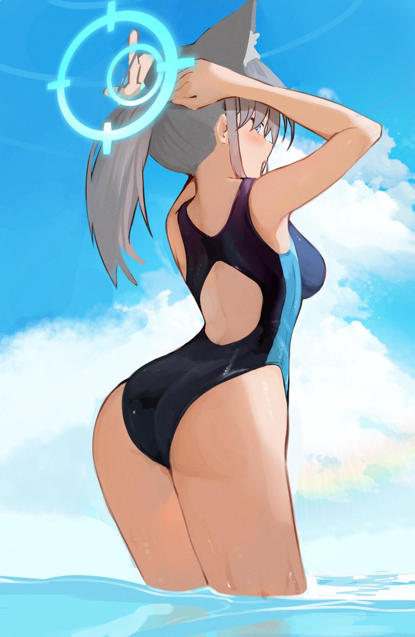 1girl absurdres animal_ears arched_back arms_up ass back_cutout bare_arms bare_shoulders blue_archive blue_eyes blue_halo blue_one-piece_swimsuit blue_sky breasts clothing_cutout cloud cloudy_sky day from_side grey_hair halo hand_in_own_hair hell.k highres long_hair looking_at_viewer looking_to_the_side medium_breasts one-piece_swimsuit outdoors ponytail shiroko_(blue_archive) sky solo standing swimsuit tying_hair wading water wet