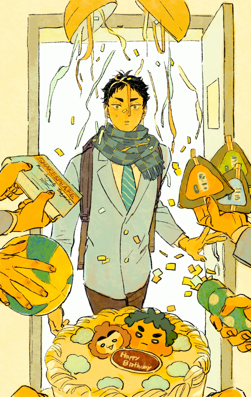 1boy akaashi_keiji backpack bag ball birthday black_hair blue_jacket blue_necktie blue_scarf book cake chengongzi123 collared_jacket confetti constricted_pupils disembodied_limb door food green_eyes haikyuu!! hashtag_only_commentary highres holding holding_ball holding_book jacket long_sleeves looking_at_viewer male_focus necktie parted_lips party_popper scarf short_hair standing striped_necktie upper_body very_short_hair volleyball yellow_background
