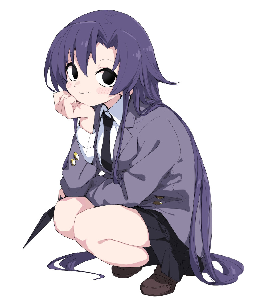 1girl black_eyes black_necktie black_skirt black_socks blush brown_footwear closed_mouth collared_shirt goshiki_agiri grey_jacket highres holding holding_weapon jacket kill_me_baby kunai loafers long_hair long_sleeves looking_at_viewer necktie pleated_skirt purple_hair school_uniform shirt shoes simple_background skirt socks solo squatting very_long_hair weapon white_background white_shirt yachima_tana