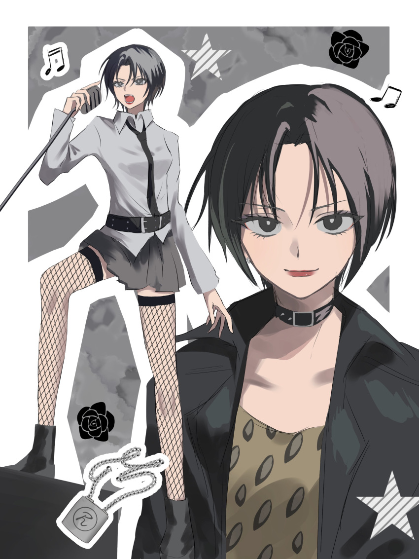 1girl absurdres belt black_belt black_choker black_eyes black_jacket black_necktie black_skirt breasts choker closed_mouth collared_shirt commentary fishnet_thighhighs fishnets grey_shirt highres holding holding_microphone jacket long_sleeves looking_at_viewer microphone miniskirt musical_note nana_(series) necktie open_clothes open_jacket open_mouth osaki_nana outline shirt short_hair skirt small_breasts thighhighs tsukuno_tsuki white_outline zettai_ryouiki