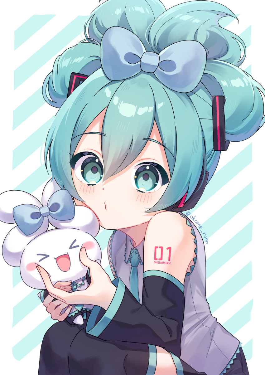 &gt;_&lt; 1girl absurdres blue_eyes blue_hair blush bow cheek_squash cinnamiku cinnamoroll collared_shirt cosplay detached_sleeves hair_bow hair_ornament hatsune_miku hatsune_miku_(cosplay) headphones highres long_sleeves looking_at_viewer meronnpannpi necktie puckered_lips sanrio shirt sleeveless sleeveless_shirt squatting striped_background thighhighs updo vocaloid