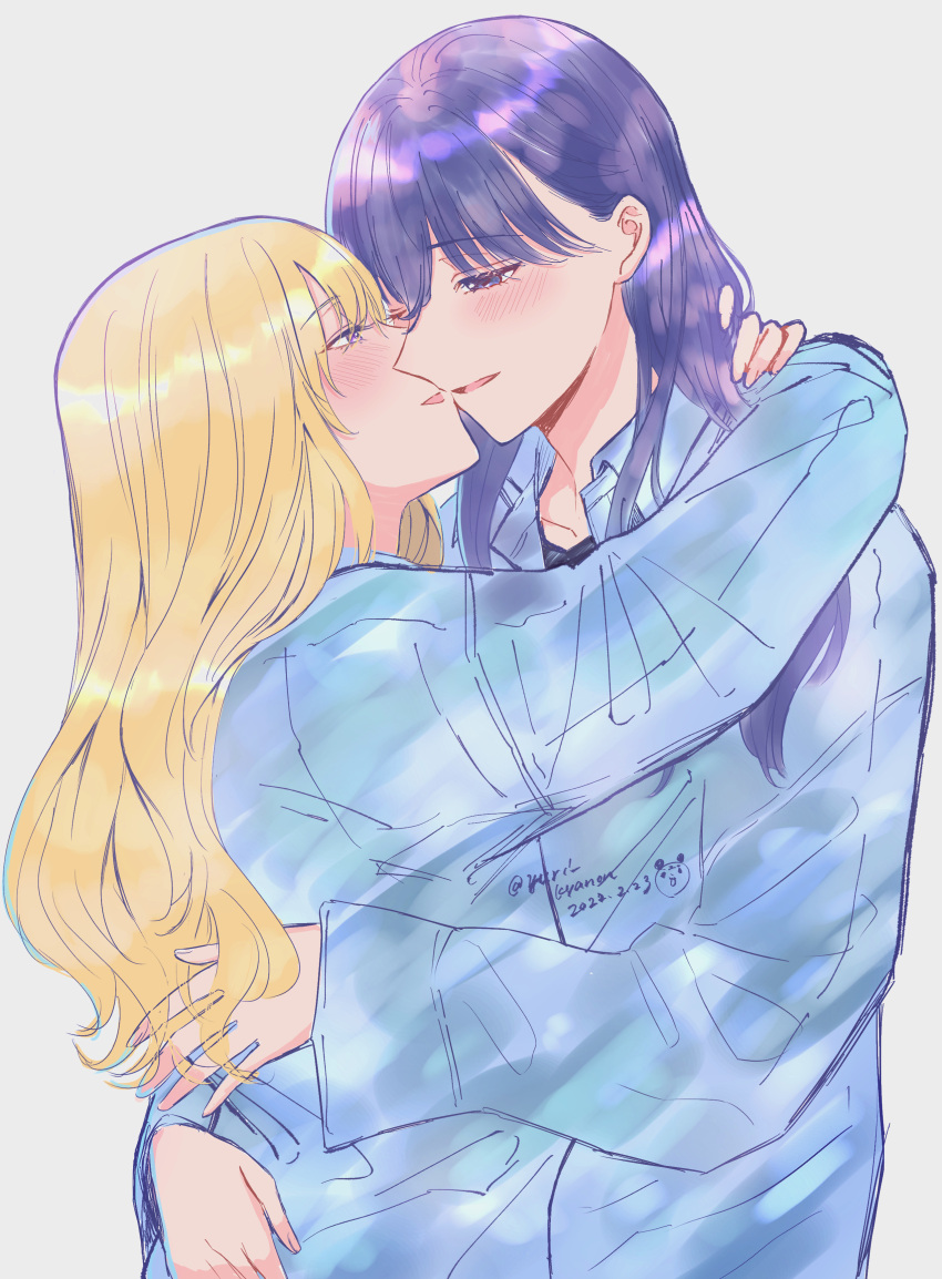 2girls absurdres arms_around_neck blonde_hair blue_shirt blush commentary_request dated grey_background hands_on_another's_back highres hug kiss long_hair long_sleeves multiple_girls noses_touching original parted_lips pink_eyes purple_eyes purple_hair shirt simple_background smile twitter_username yuri yuri_kyanon