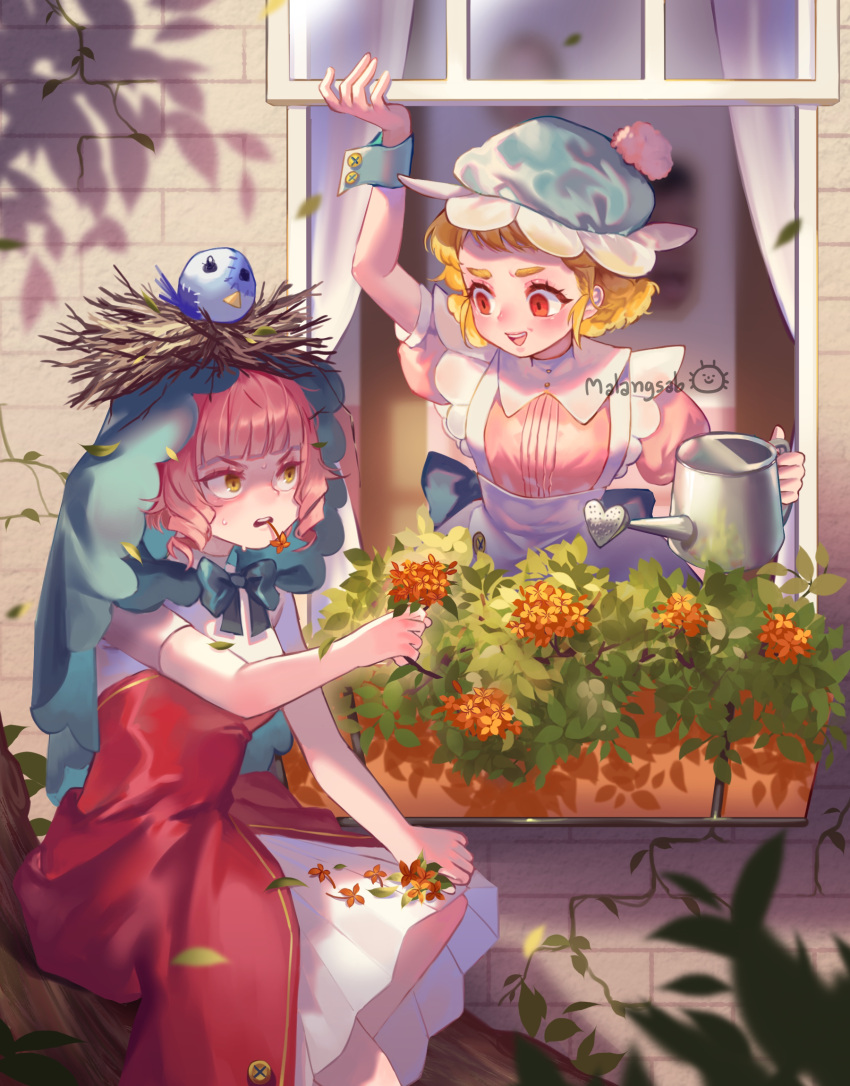 2girls apron arm_up bird_nest blonde_hair curtains dress drill_hair flower flower_in_mouth furrowed_brow gtcockroach hat highres holding holding_flower holding_watering_can maid mouth_hold multiple_girls open_mouth open_window opening_window original outdoors pink_hair plant shaded_face short_hair short_sleeves sitting sitting_on_branch stuffed_animal stuffed_bird stuffed_toy sweat thick_eyebrows tree watering_can window windowsill wrist_cuffs